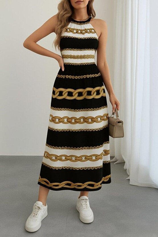 Kadın Kolsuz Boyundan Bağlamalı Beli Lastikli Dijital Baskı Süprem Uzun Elbise