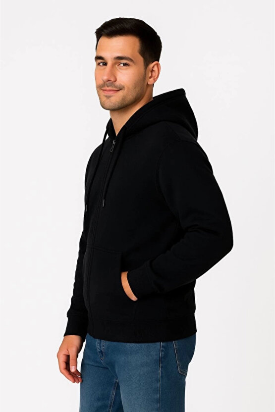 Erkek Üç İplik Kapüşonlu Tam Fermuarlı Kanguru Çepli SweatShirt Hoodie - Siyah