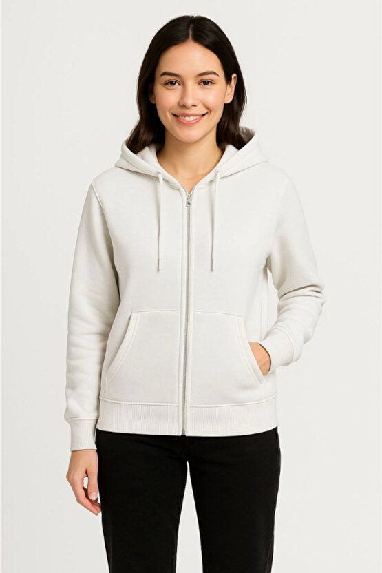 EQURİ Üç İplik Kapüşonlu Tam Fermuarlı Kanguru Çepli SweatShirt Hoodie - Beyaz