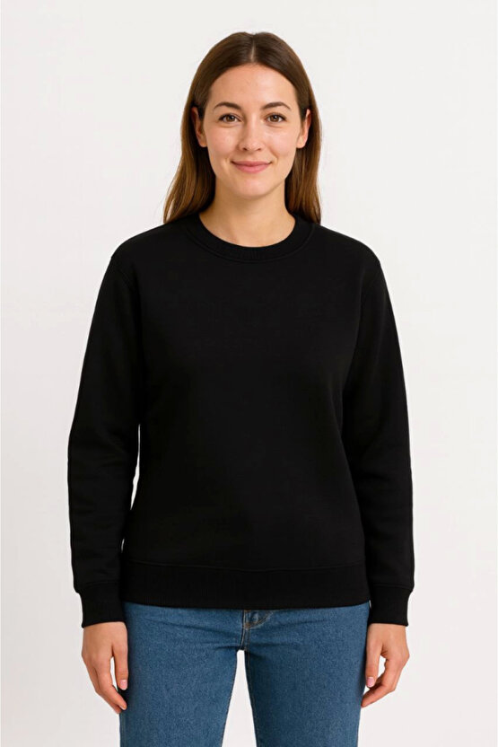 EQURİ Üç İplik Düz Bisiklet Yaka SweatShirt - Siyah