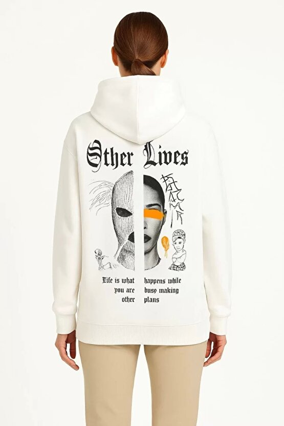 Kadın Kapşonlu Sweatshirt – Oversize Üç İplik Şardonlu Hoodie, Other Lives Ön & Arka Baskılı, Kang