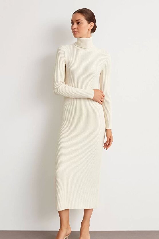 Kadın Boğazlı Triko Elbise – Uzun Fitilli Esnek Dokuma, Tam Kalıp, Kışlık & Baharlık Şık Rahat Stil,