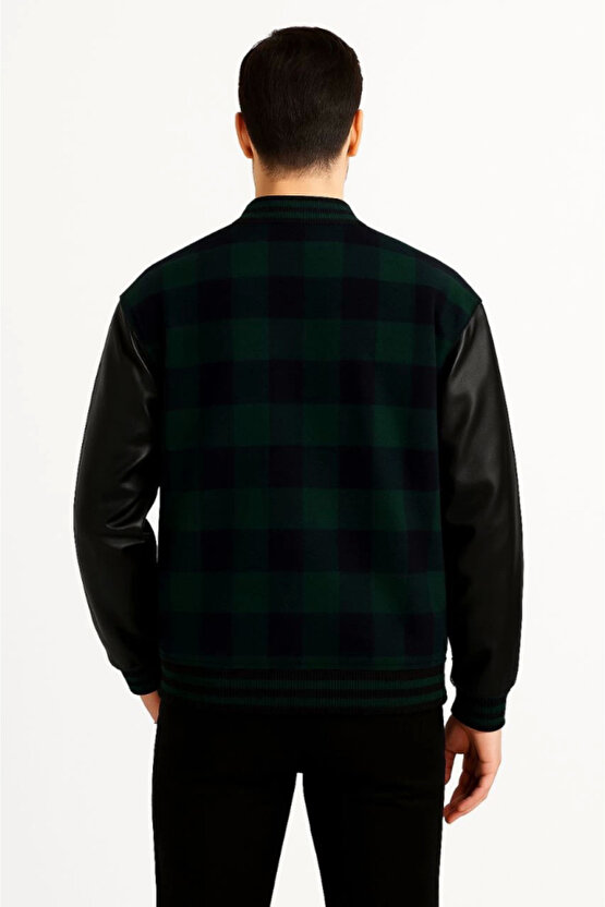 Erkek Kolej Ceket – Kareli Oduncu Kumaş, Kolları Suni Deri, Fermuarlı, İçi Kapitone Astarlı, Nakışlı