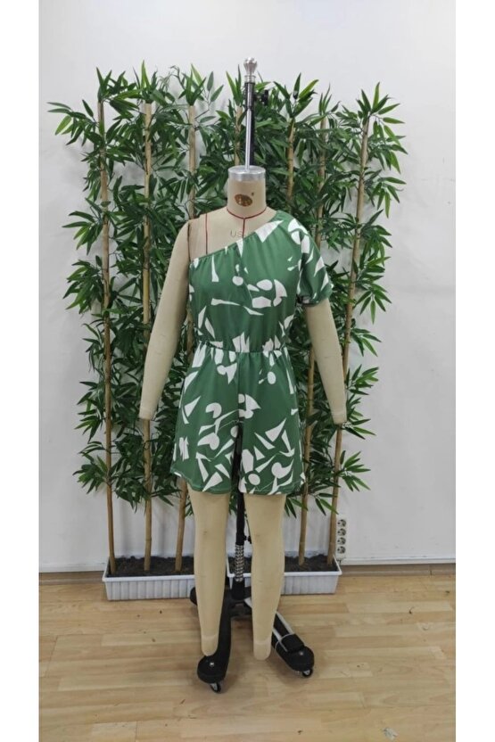 Kadın Tek Omuzdan Açık Beli Lastikli Desenli Süprem Tulum