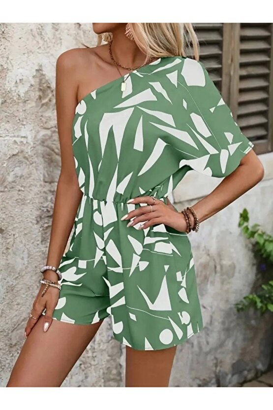 Kadın Tek Omuzdan Açık Beli Lastikli Desenli Süprem Tulum