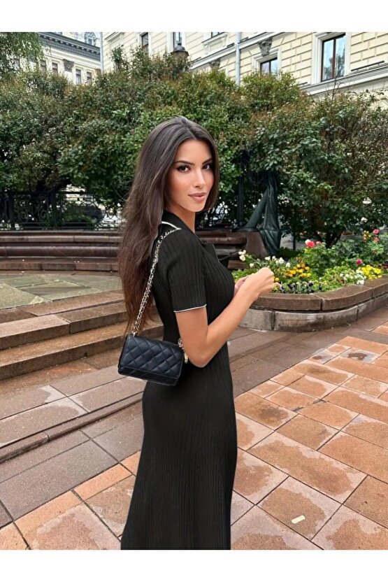 EQURİ Kadın Kısa Kollu Yakalı önden Düğmeli Maxi Triko Elbise