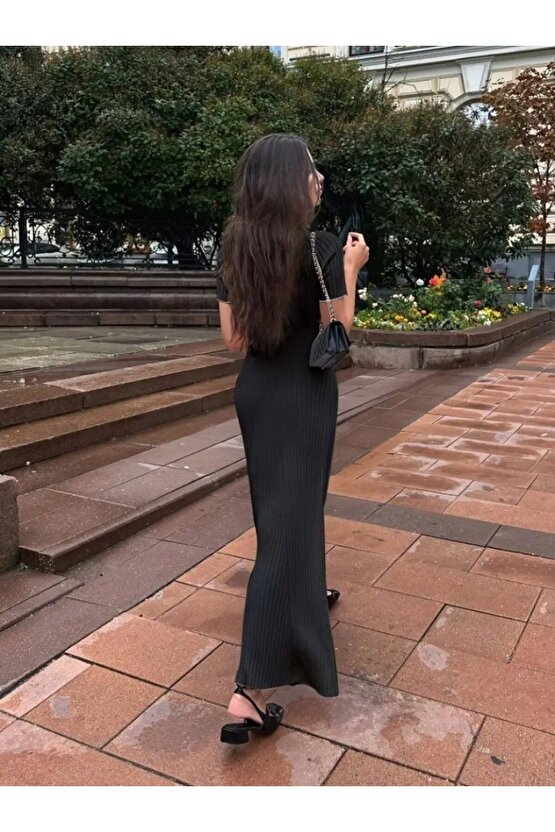 EQURİ Kadın Kısa Kollu Yakalı önden Düğmeli Maxi Triko Elbise