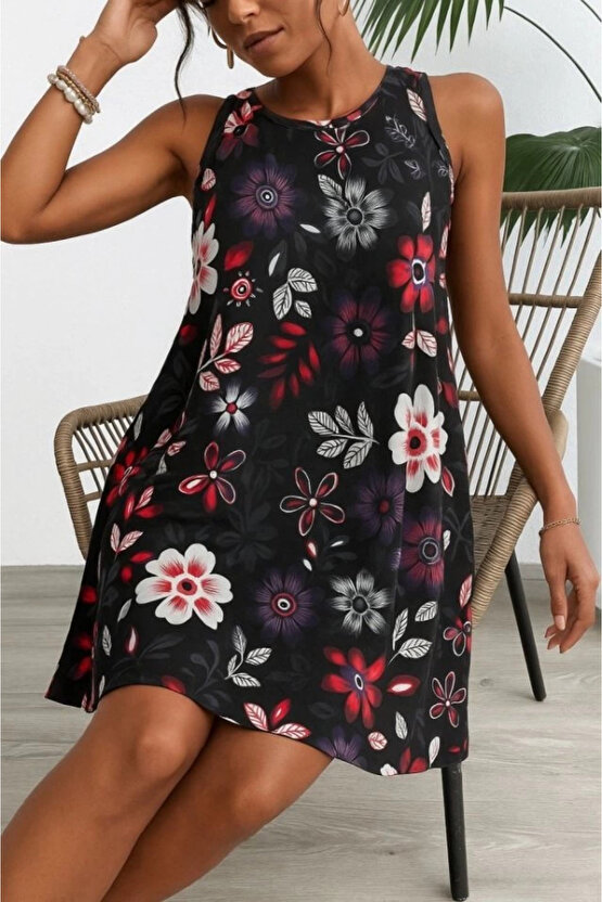 Kadın Askılı Yuvarlak Yaka Desenli A Kesim Süprem Elbise