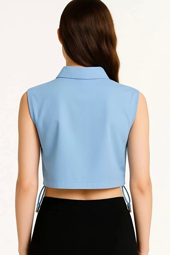 Kadın Crop Poplin Gömlek Yalancı Cepli, Ayarlanabilir Yan Kordonlu, - Bebe Mavisi