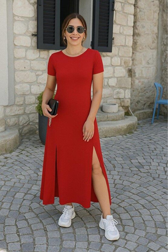 EQURİ Kadın Kısa Kollu Sırt Dekolteli Yırtmaç Detaylı Viskon Elbise