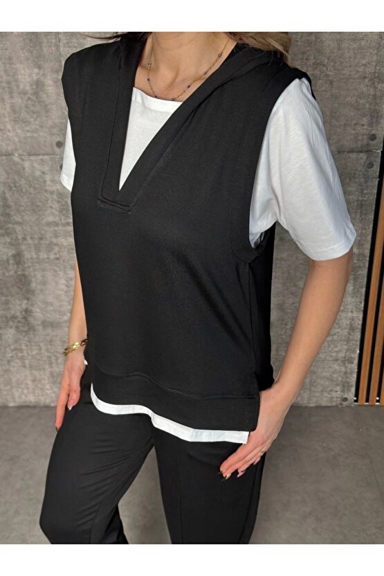 Kadın Kısa Kollu V Yakalı Kapşonlu Viskon Iki Iplik Bluz Ve Pantolon Takım