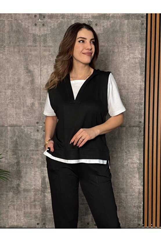 Kadın Kısa Kollu V Yakalı Kapşonlu Viskon Iki Iplik Bluz Ve Pantolon Takım