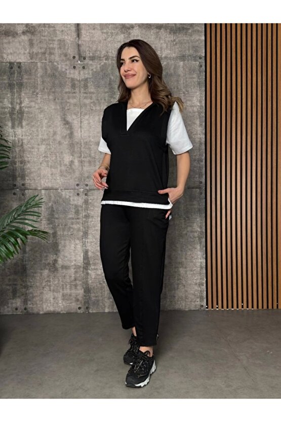 Kadın Kısa Kollu V Yakalı Kapşonlu Viskon Iki Iplik Bluz Ve Pantolon Takım