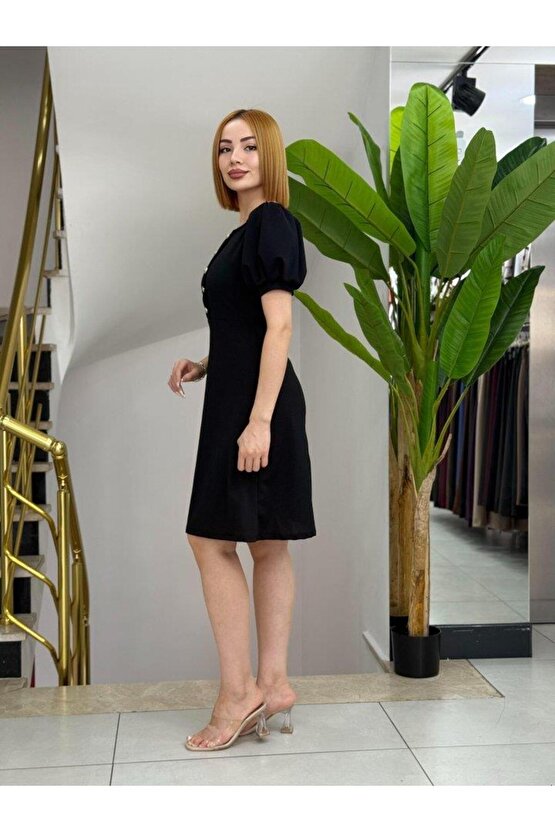 Kadın Kısa Kollu Bisiklet Yaka önden Düğmeli Ithal Krep Elbise