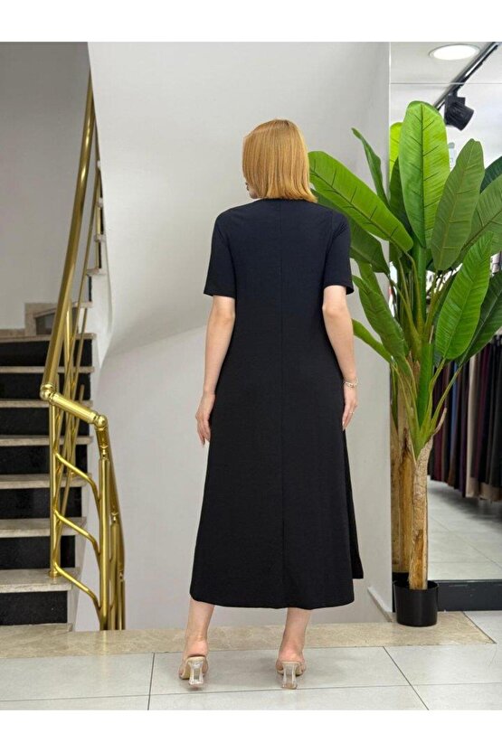 Kadın Kısa Kollu V Yakalı Cep Detaylı Uzun Janjan Krep Elbise