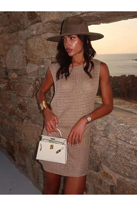 Kadın Sıfır Kol Yanlardan Halka Toka Detaylı Triko Plaj Elbisesi