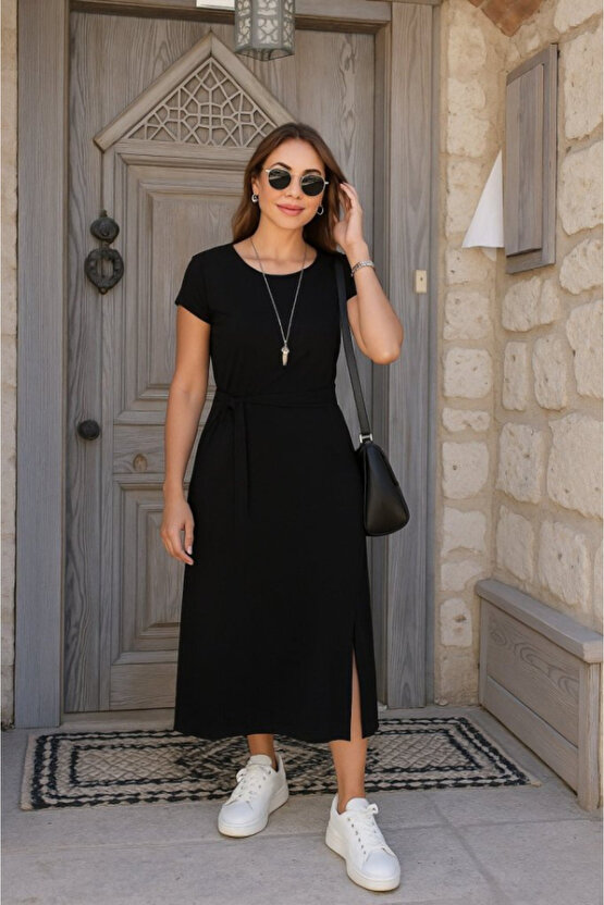 EQURİ Kadın Kısa Kollu Yuvarlak Yaka Belden Bağcıklı önden Yırtmaçlı Aerobin Elbise