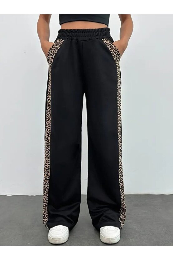 EQURİ Kadın Yüksek Bel Bağcıklı Yanları Leopar Desenli Viskon Iki Iplik Pantolon