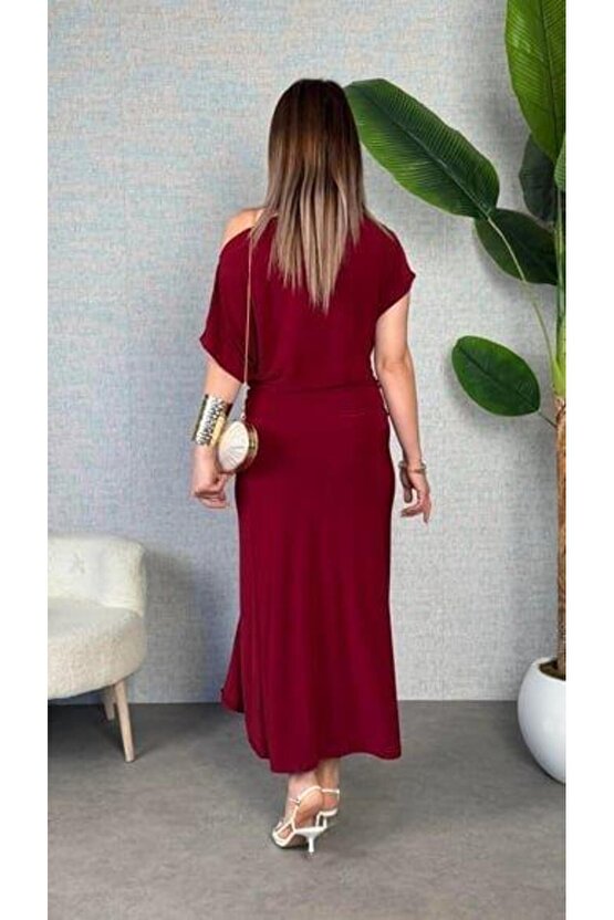 Kadın Kısa Kollu Tek Omuzdan Açık Beli Lastikli Sandy Maxi Elbise