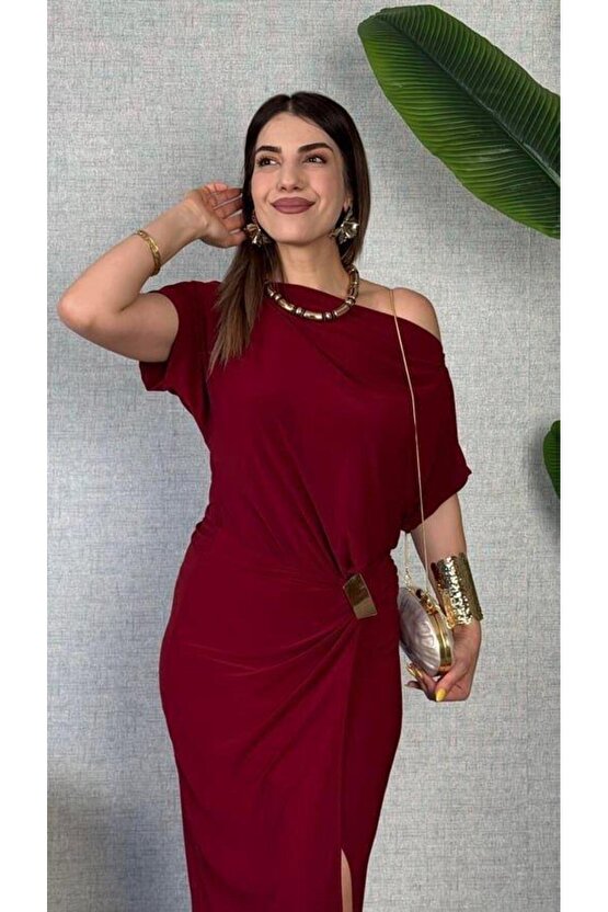 Kadın Kısa Kollu Tek Omuzdan Açık Beli Lastikli Sandy Maxi Elbise