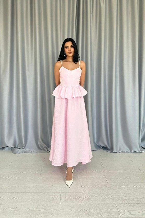 Pembe Beli Büzgülü İnci Askılı Uzun Elbise