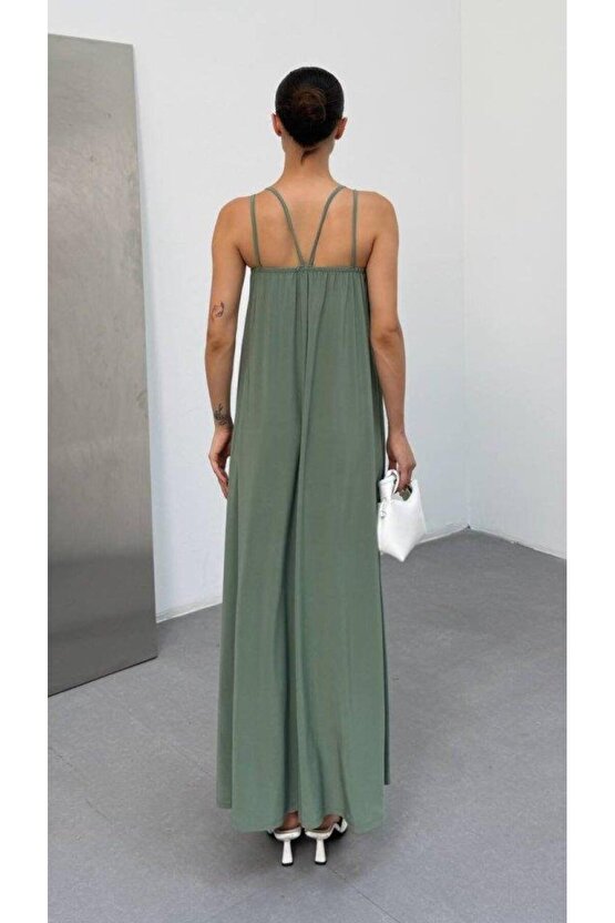 Kadın Omuz Askılı Kuş Gözü Zincir Detay Sandy Kumaş Maxi Boy Elbise