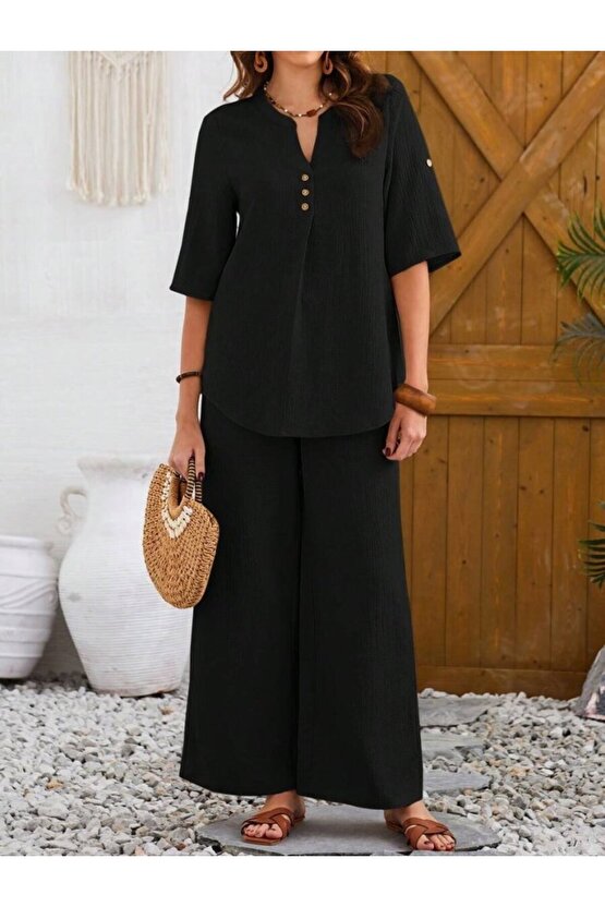 EQURİ Kadın Kısa Kollu V Hakim Yaka Düğmeli Bürümcük Bluz Ve Pantolon Ikili Takım