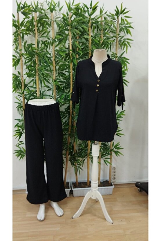 EQURİ Kadın Kısa Kollu V Hakim Yaka Düğmeli Bürümcük Bluz Ve Pantolon Ikili Takım