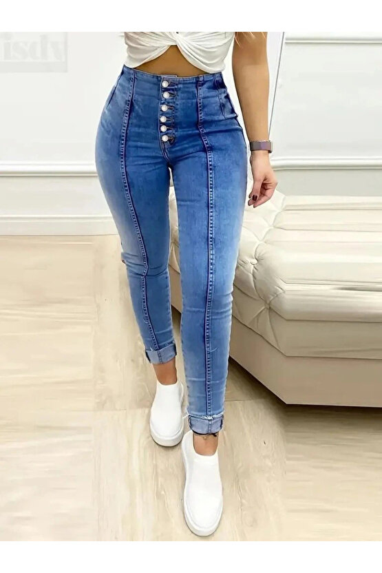 Kadın Yüksek Bel önden Düğmeli Jean Pantolon