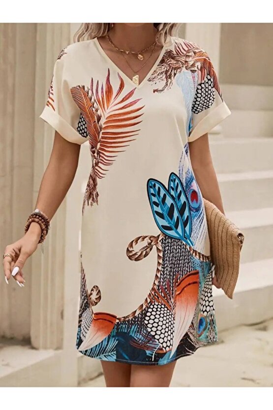EQURİ Kadın Kısa Kollu V Yakalı Desenli Mini Atlas Elbise