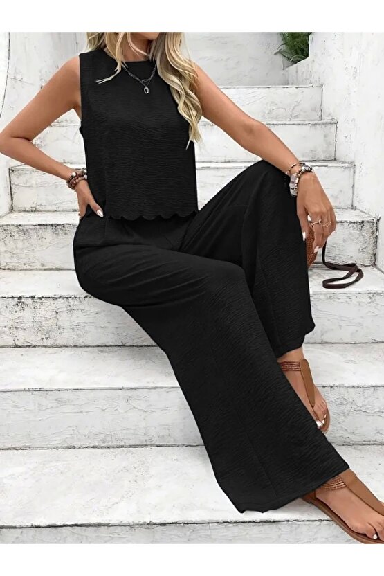 Kadın Sıfır Kollu Bisiklet Yaka Arkadan Bağlamalı Aer8bin Bluz Ve Pantolon Ikili Takım