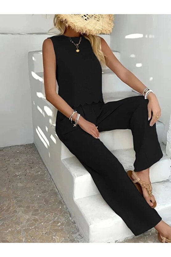 Kadın Sıfır Kollu Bisiklet Yaka Arkadan Bağlamalı Aer8bin Bluz Ve Pantolon Ikili Takım