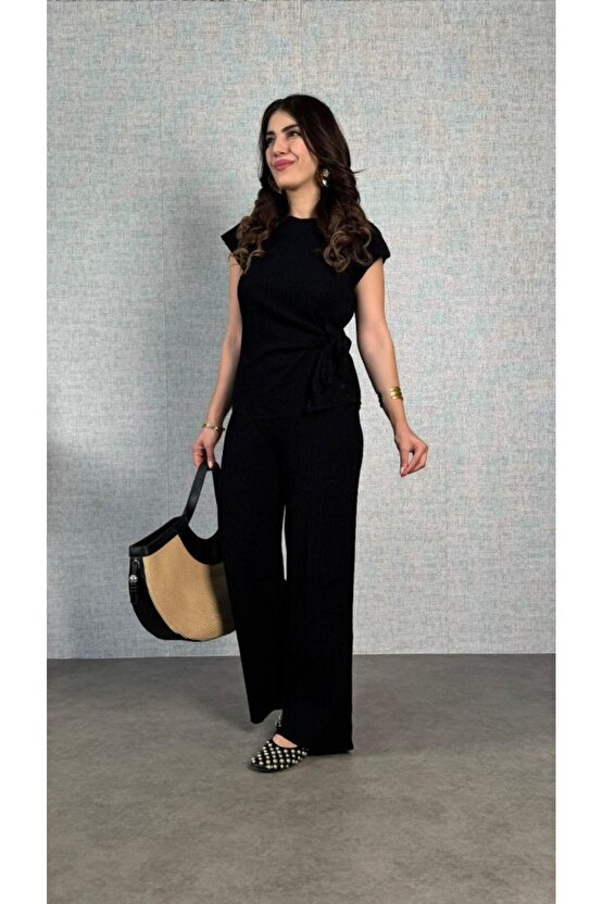 EQURİ Kadın Kısa Kollu Bisiklet Yaka Yandan Bağlamalı Bürümcük Bluz Ve Pantolon Ikili Takım