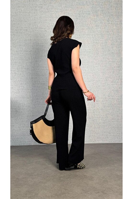 EQURİ Kadın Kısa Kollu Bisiklet Yaka Yandan Bağlamalı Bürümcük Bluz Ve Pantolon Ikili Takım