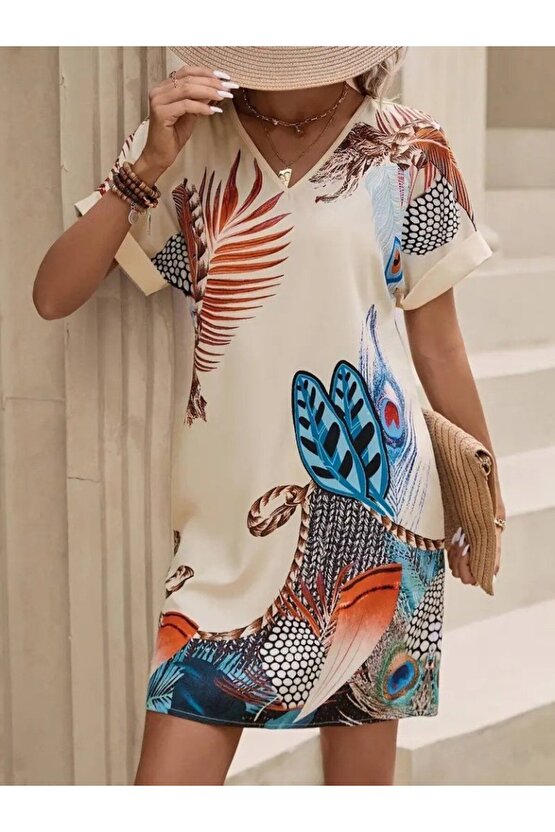 EQURİ Kadın Kısa Kollu V Yakalı Desenli Mini Atlas Elbise