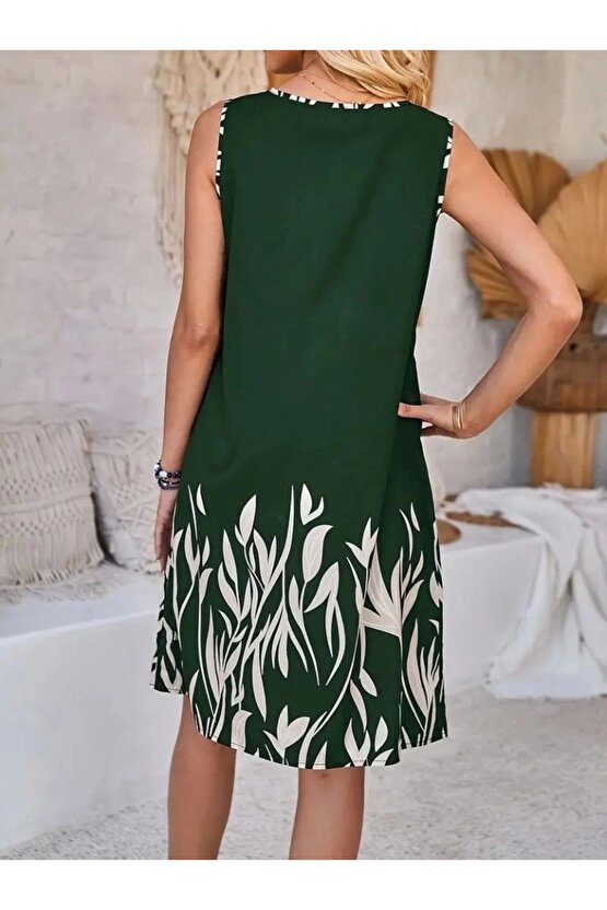 Kadın Askılı Yuvarlak Yakalı Yaprak Desenli Dalgıç Elbise