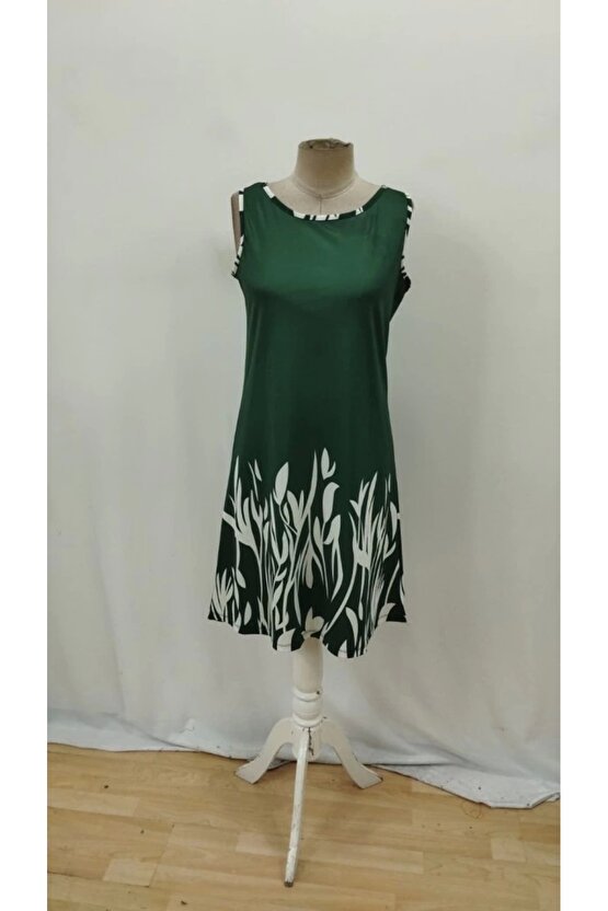 Kadın Askılı Yuvarlak Yakalı Yaprak Desenli Dalgıç Elbise