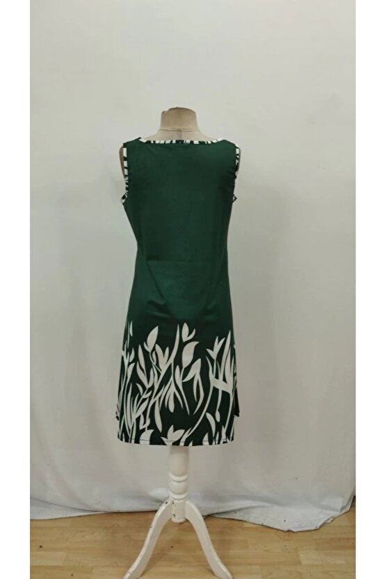 Kadın Askılı Yuvarlak Yakalı Yaprak Desenli Dalgıç Elbise