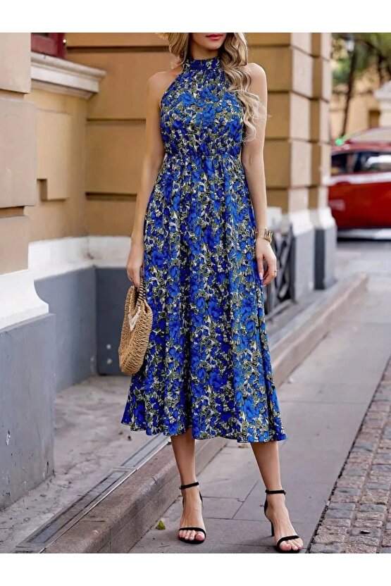 EQURİ Kadın Omuzlardan Açık Daire Yaka Desenli Maxi Süprem Elbise