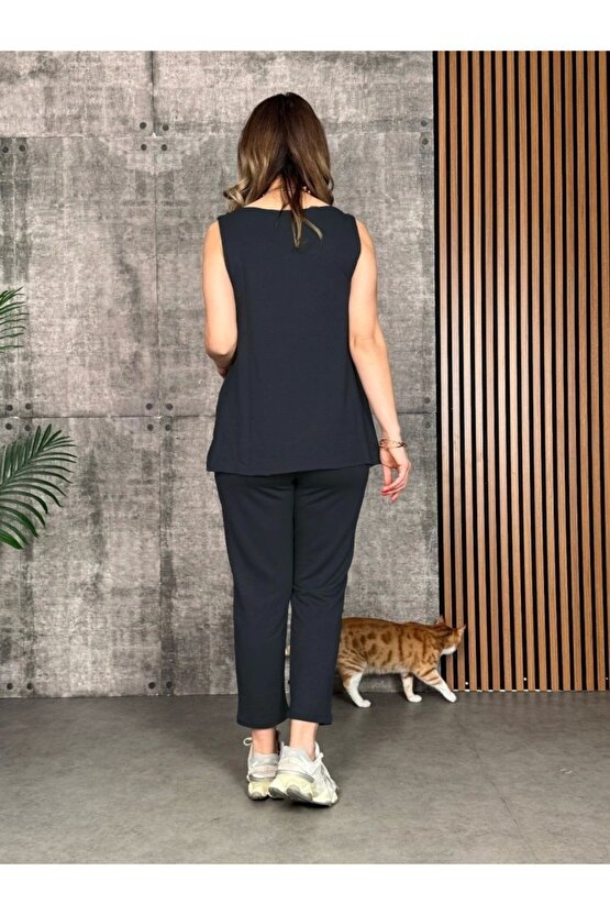 Kadın Askılı Yuvarlak Yaka Viskon Iki Iplik Bluz Ve Eşofman Altı Ikili Takım