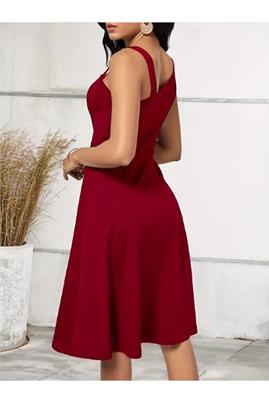 EQURİ Kadın Tek Omuzu şerit Detaylı Kolsuz Yandan Düğme Detaylı Janjan Krep Elbise