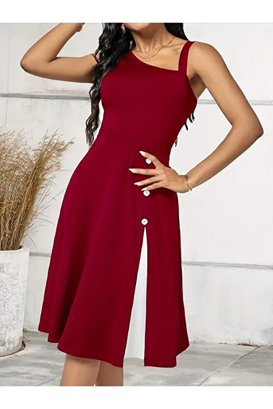 EQURİ Kadın Tek Omuzu şerit Detaylı Kolsuz Yandan Düğme Detaylı Janjan Krep Elbise