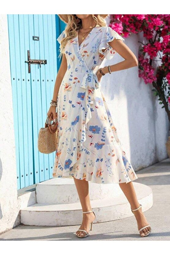 Kadın Kısa Kelebek Kollu Kruvaze Yakalı Belden Kuşaklı Midi Süprem Elbise