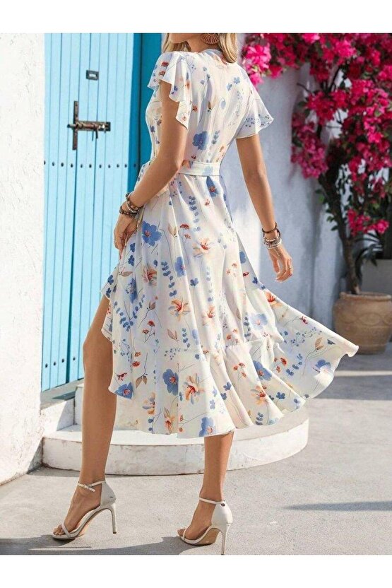 Kadın Kısa Kelebek Kollu Kruvaze Yakalı Belden Kuşaklı Midi Süprem Elbise