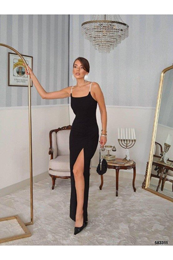 Kadın Omuz Askılı Derin Yırtmaç Detay Maxi Boy Elbise