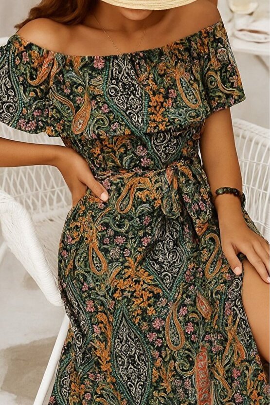 EQURİ Kadın Kısa Kollu Madonna Yaka Fırfırlı Belden Yırtmaçlı Maksi Süprem Elbise