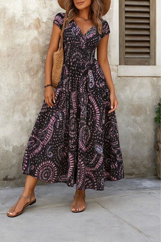 Kadın Kısa Yarasa Kanat Kollu V Yakalı Beli Büzgülü Süprem Elbise