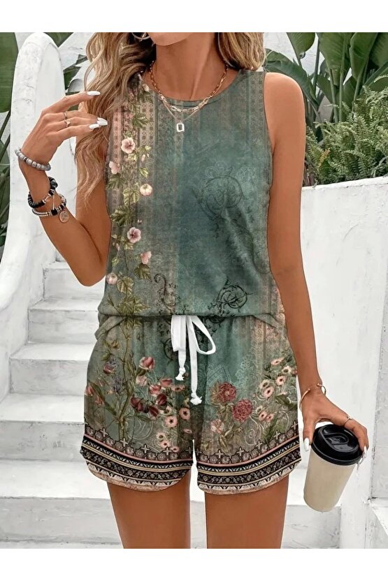 Kadın Askılı Yuvarlak Yaka çiçek Baskılı Süprme Bluz Ve Short Ikili Takım