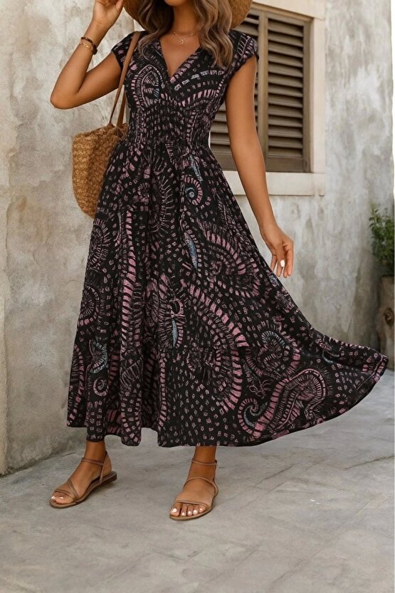 Kadın Kısa Yarasa Kanat Kollu V Yakalı Beli Büzgülü Süprem Elbise