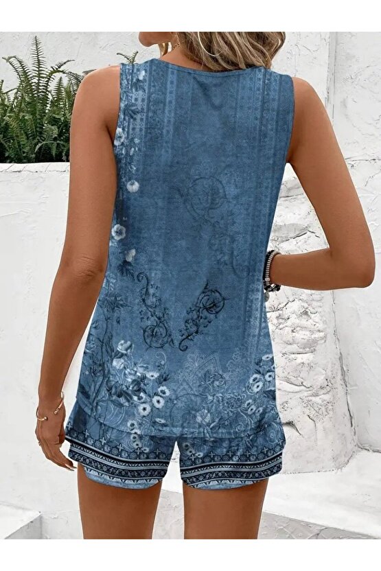 EQURİ Kadın Askılı Yuvarlak Yaka çiçek Baskılı Süprme Bluz Ve Short Ikili Takım